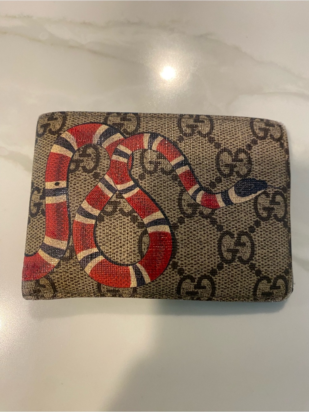 Gucci Beige/Tan GG Supreme Wallet with Red Snake Motif